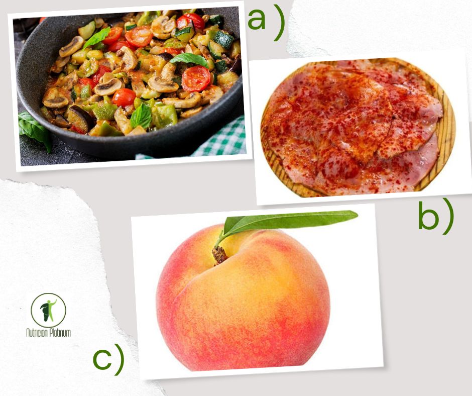 Berenjenas con hongos ,lacón con pimentón y un melocotón